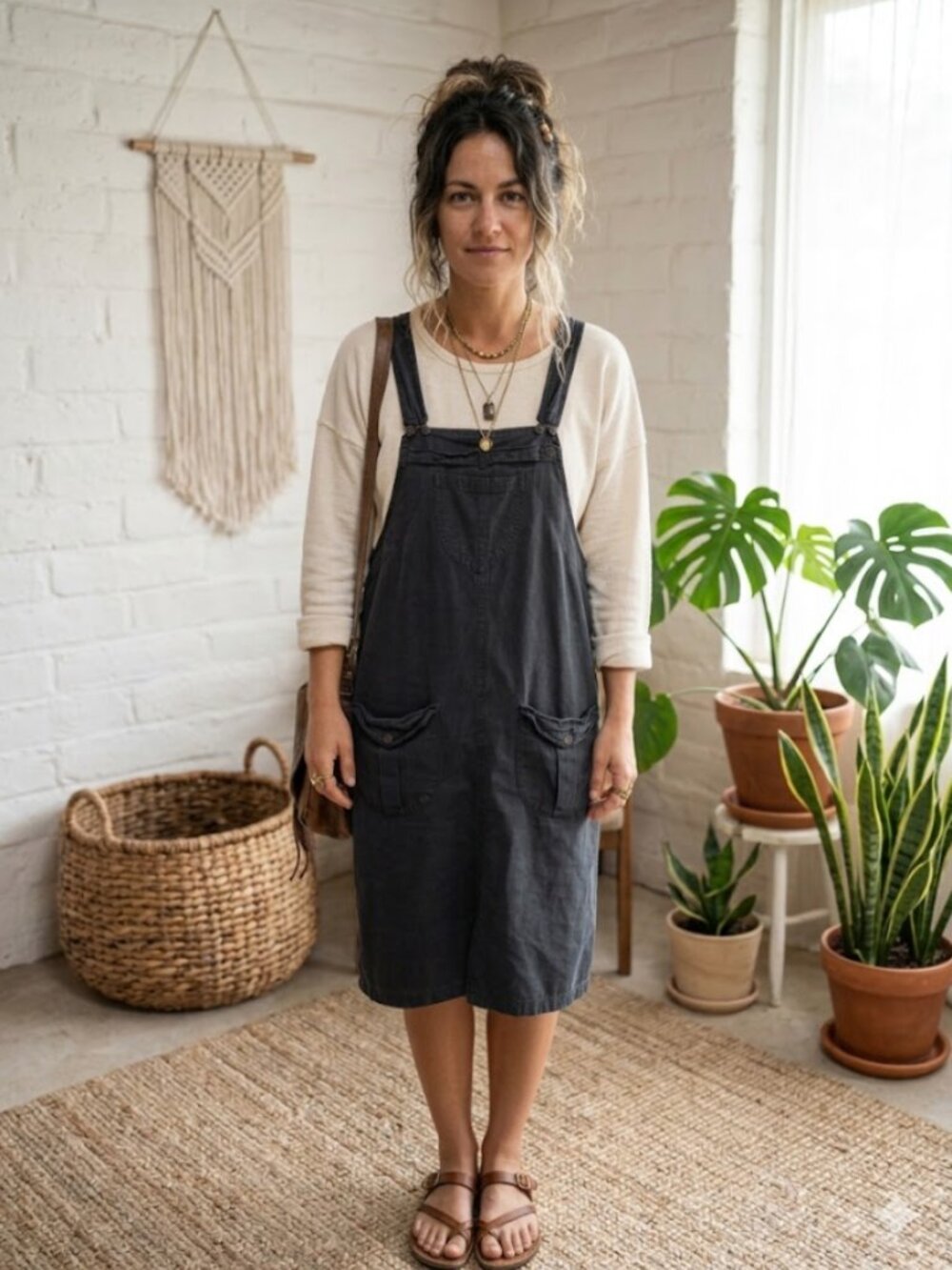 ARK IMPORTS Vtg Washed Black Cotton Overall Dress Granola Earthy Sustainable M